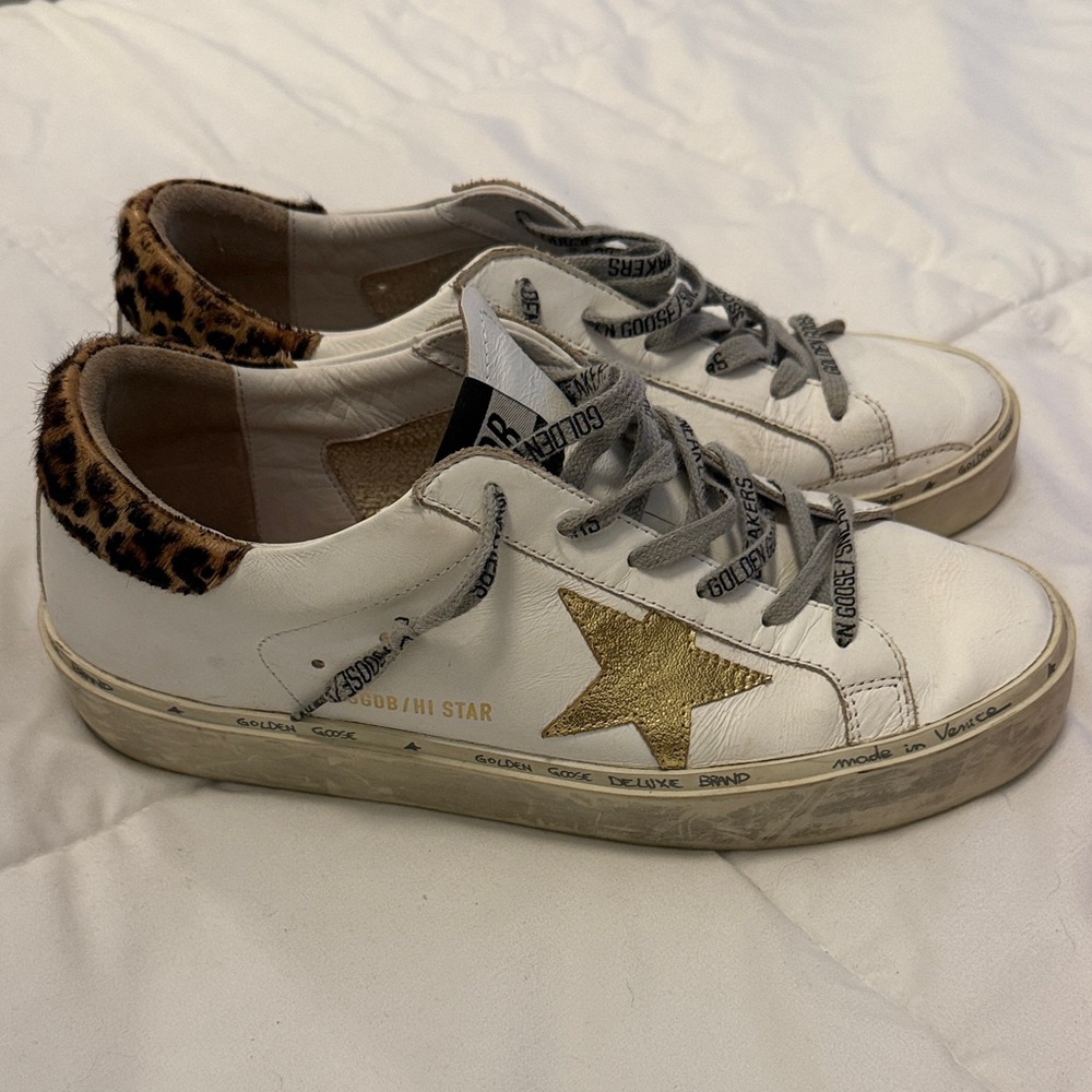 AUTHENTIC Golden Goose Women's White and Gold Sneakers with cheetah Detail